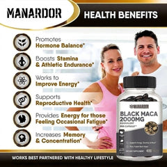 Manardor Black Maca 2000mg supplement bottle with prominent label and black cap