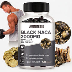 Ardor™ Black Maca supplement bottle with 2000 mg label and black maca capsules