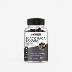 Black maca 2000mg supplement bottle with label and black cap