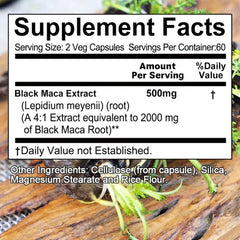 Black maca extract supplement facts panel: 500mg per serving, 120 capsules