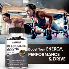 Manardor Black Maca 2000mg dietary supplement bottle, dark bottle with black cap