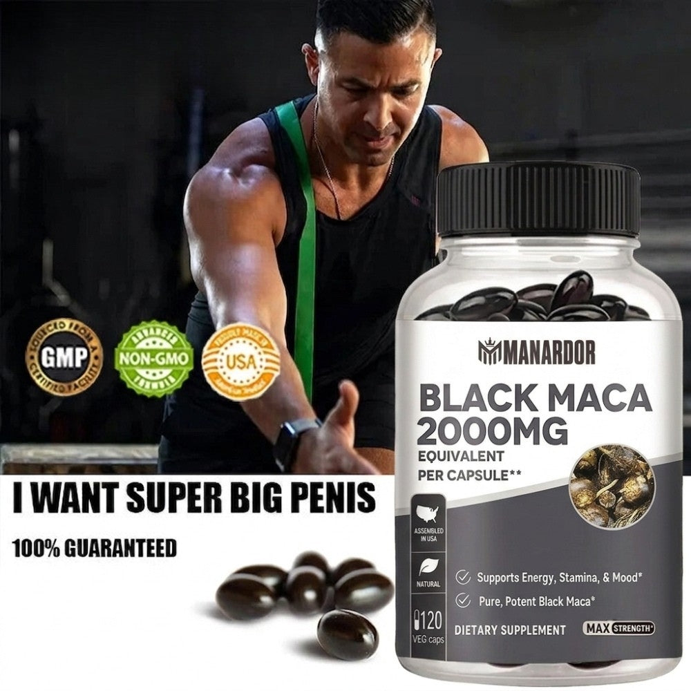 Manardor Black Maca 2000mg supplement bottle with black ribbed cap