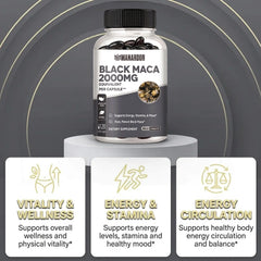 Ardor™ Black Maca 2000mg supplement bottle with vitality, energy, circulation icons