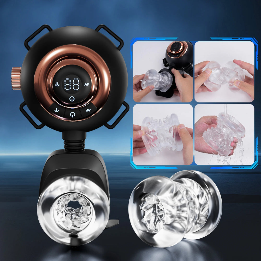Ardor™ Forge Trainer black wearable masturbator with rose-gold control dial and transparent nozzle