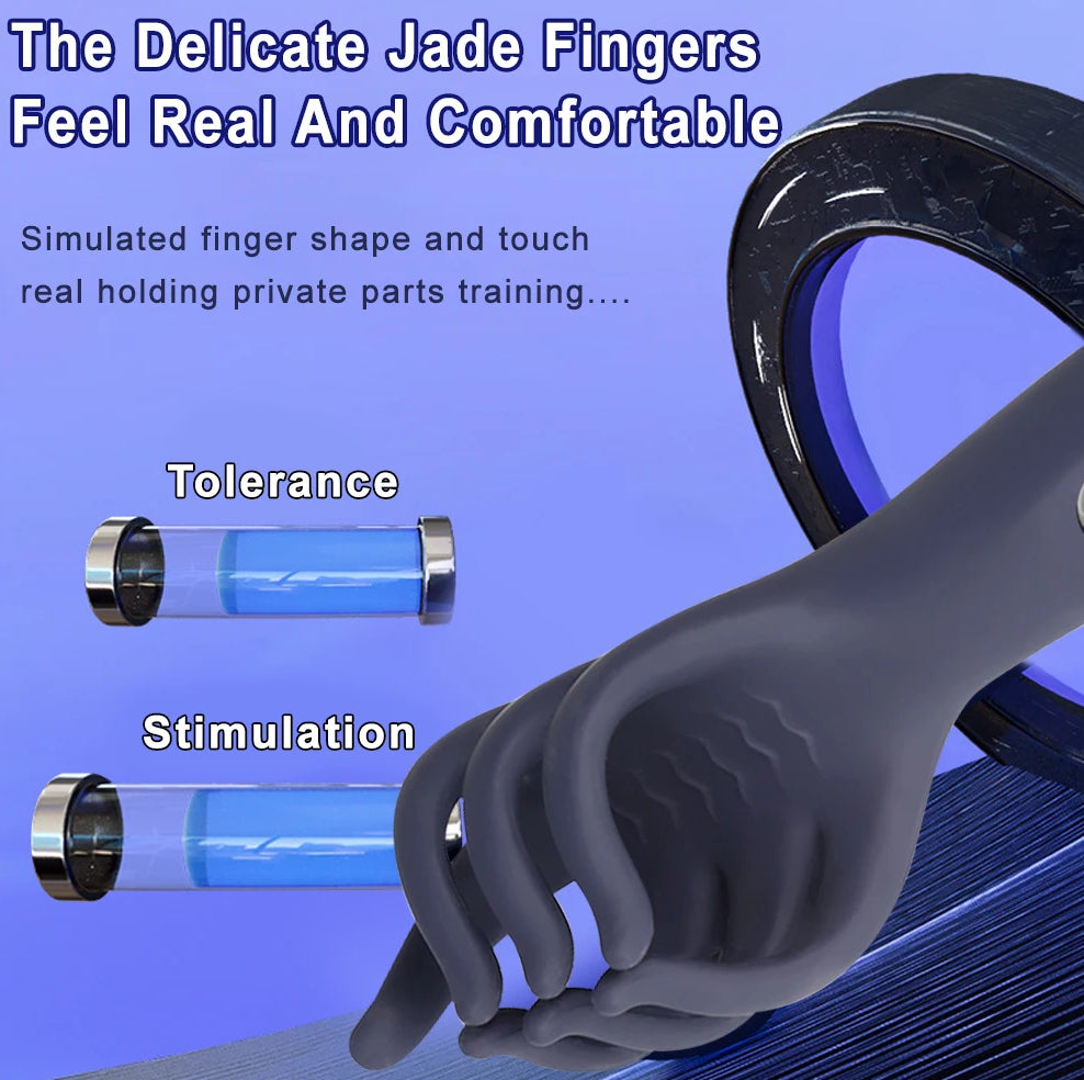 Dark navy silicone trainer with curved cuff and finger tips, shown close-up
