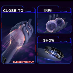 Dark navy silicone trainer hand with glowing on-screen style interface graphics