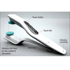 White reflex stimulator with dark touch panel, blue pads, and power button