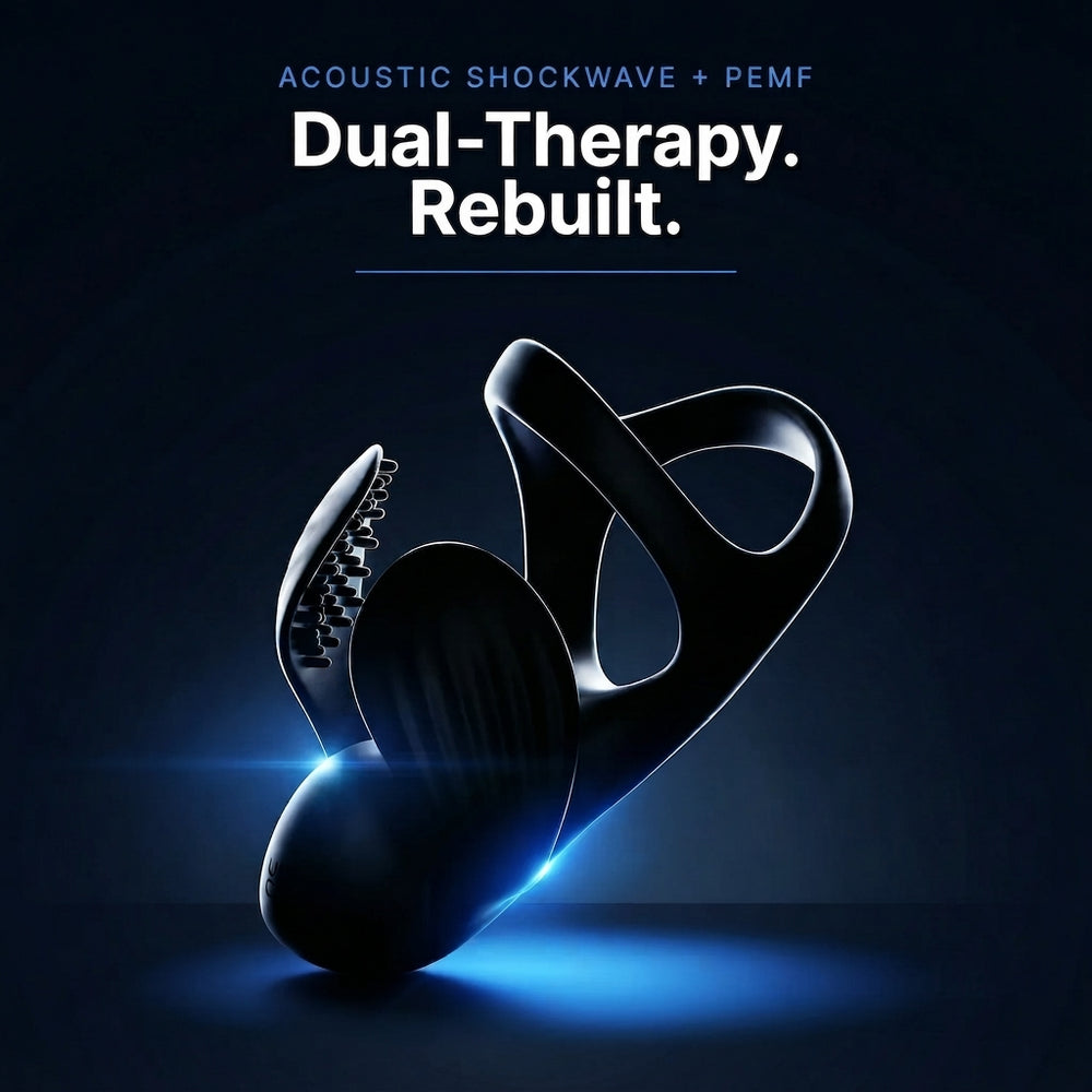 Black shockwave therapy device with curved handpiece and blue light