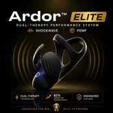 Black U-shaped handheld massager with blue indicator light and curved ergonomic pads
