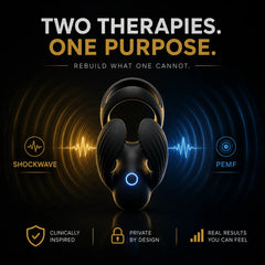 Black U-shaped massager with blue indicator light, front view with two padded ends