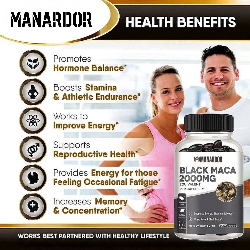 Manardor Black Maca 2000mg supplement bottle with prominent label and black cap