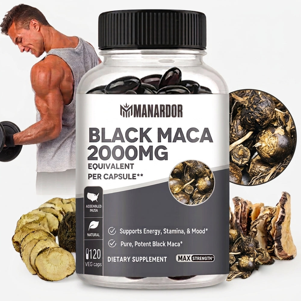 Ardor™ Black Maca supplement bottle with 2000 mg label and black maca capsules