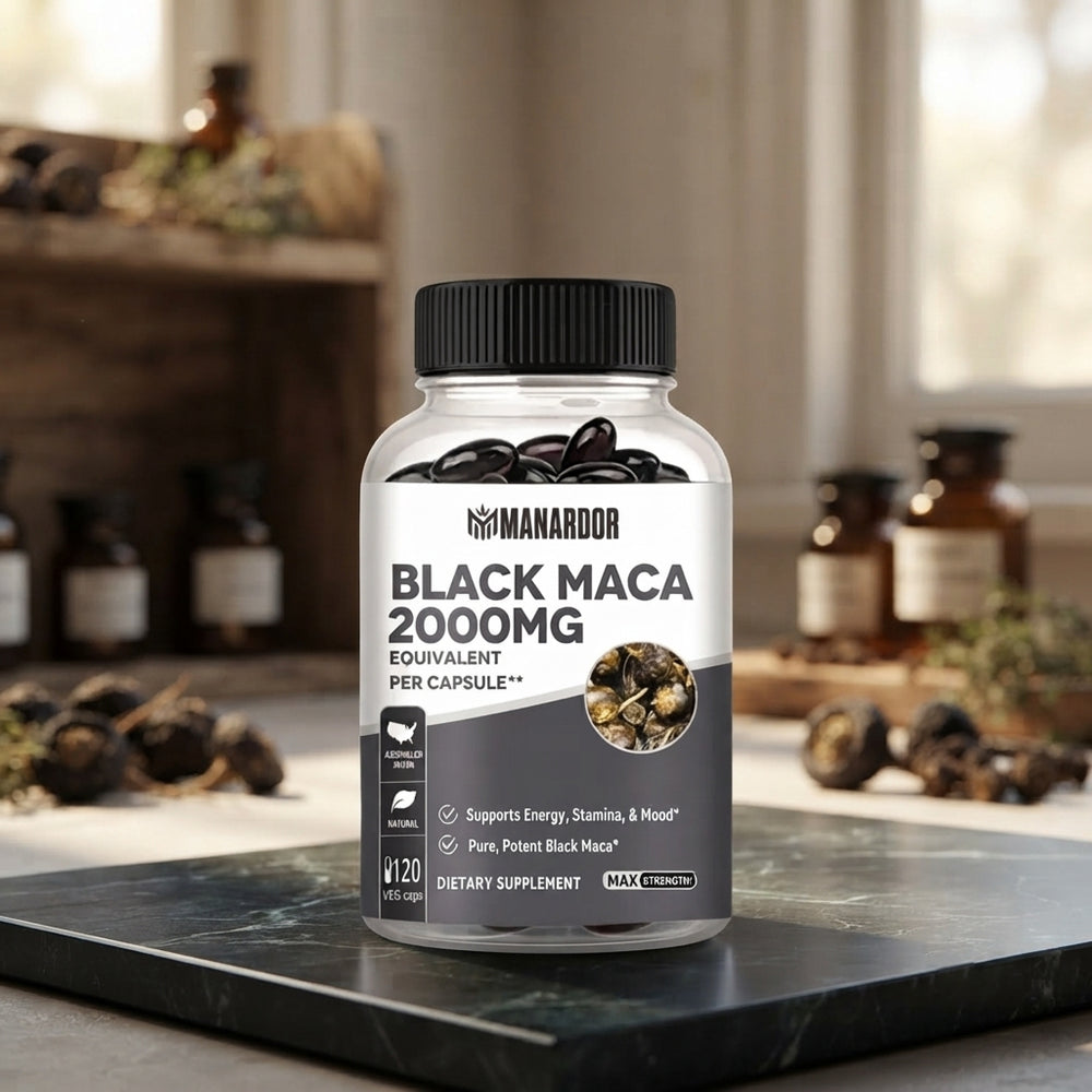 Black maca supplement bottle with black cap and white label