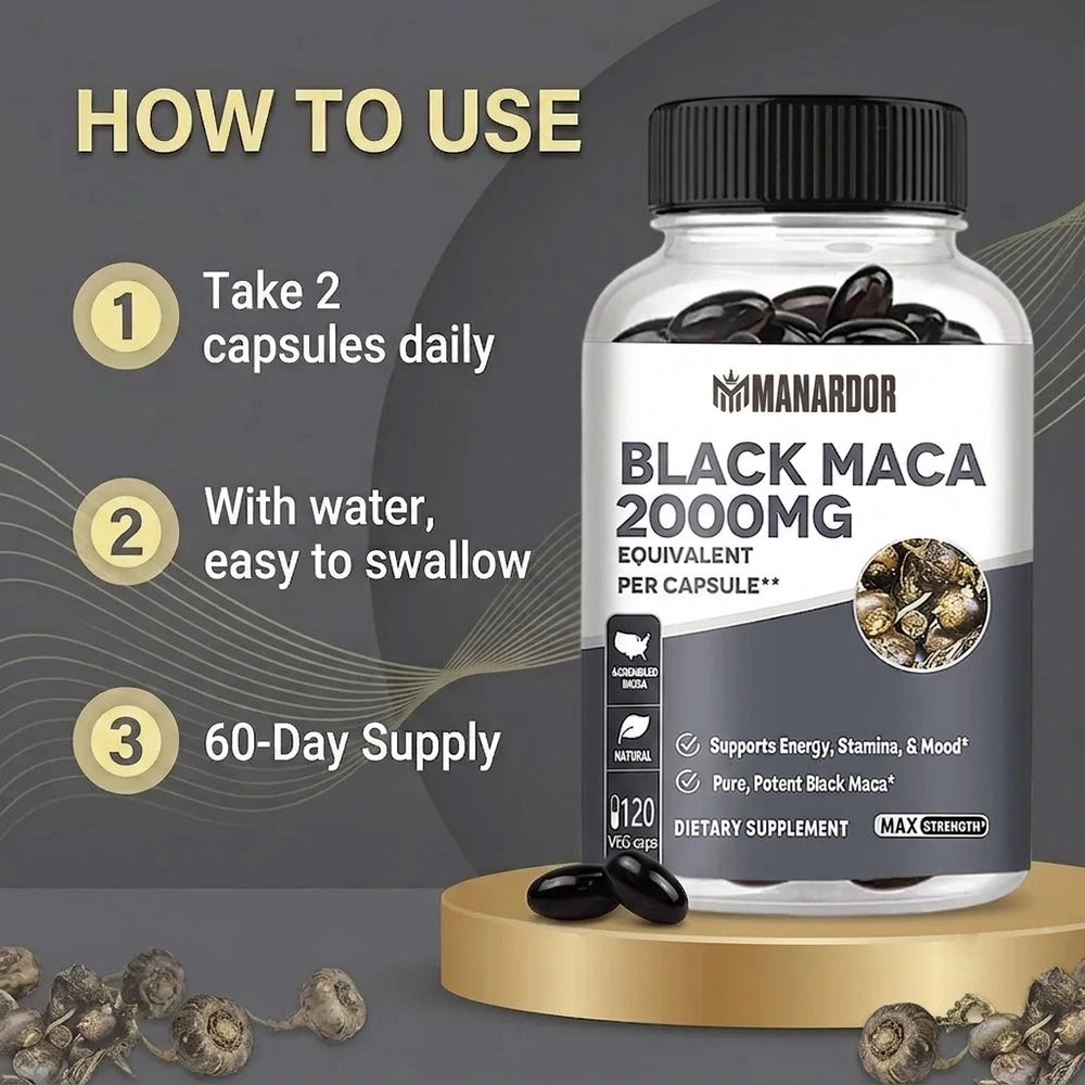 Ardor™ Black Maca 2000mg supplement bottle with black capsules near front label