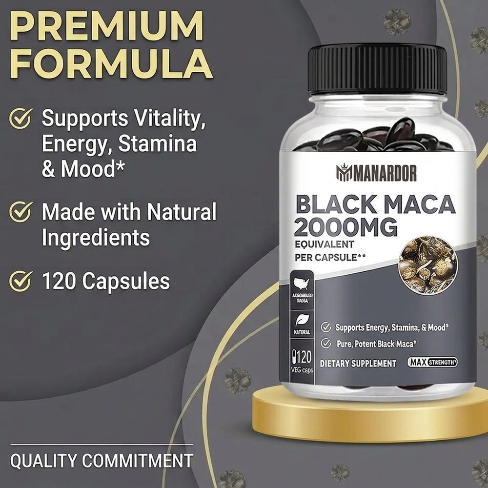 Ardor™ Black Maca 2000mg supplement bottle with premium formula label details