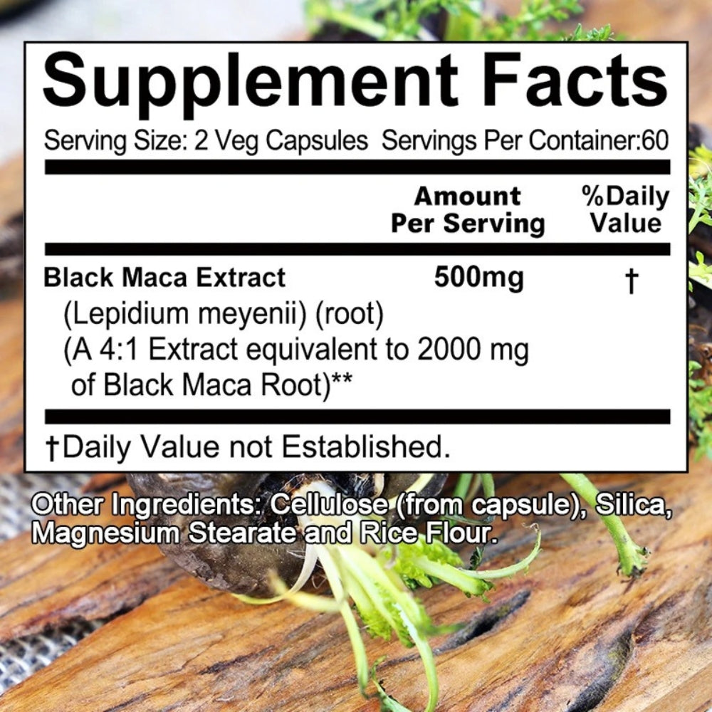 Black maca extract supplement facts panel: 500mg per serving, 120 capsules