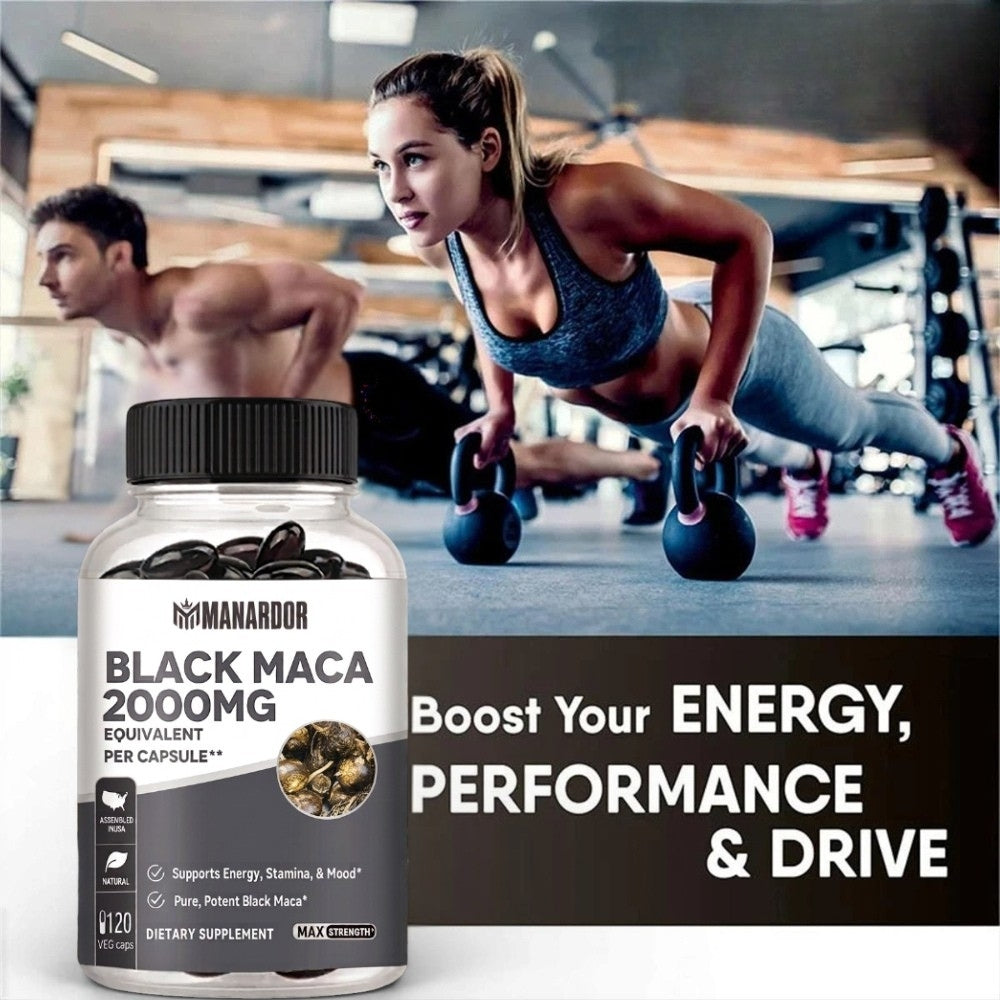 Manardor Black Maca 2000mg dietary supplement bottle, dark bottle with black cap