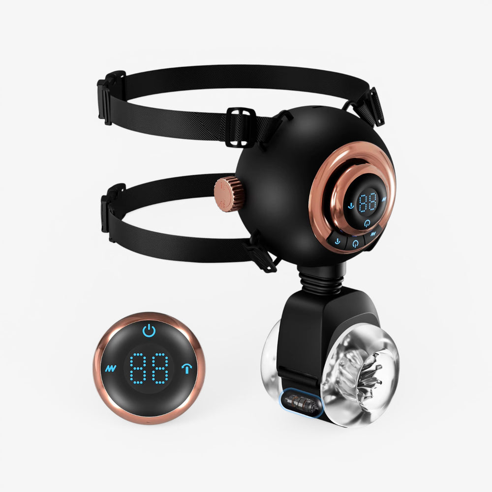 Ardor™ Forge Trainer black wearable masturbator with dual straps, rose-gold face and lit display