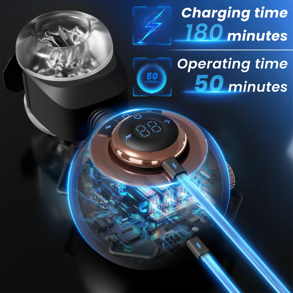 Ardor™ Forge Trainer black masturbator with rose-gold control dial and glowing LED light effects