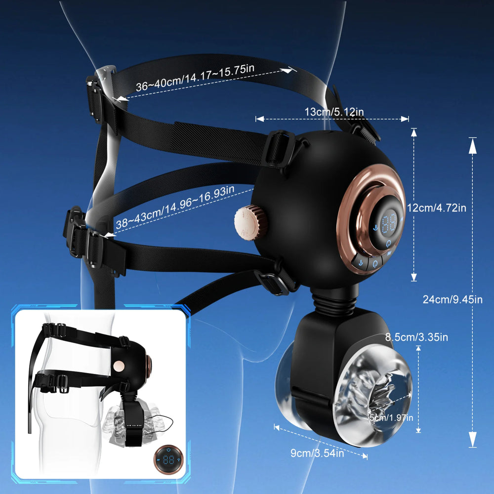 Ardor™ Forge Trainer black masturbator with adjustable chest strap and rose-gold control unit