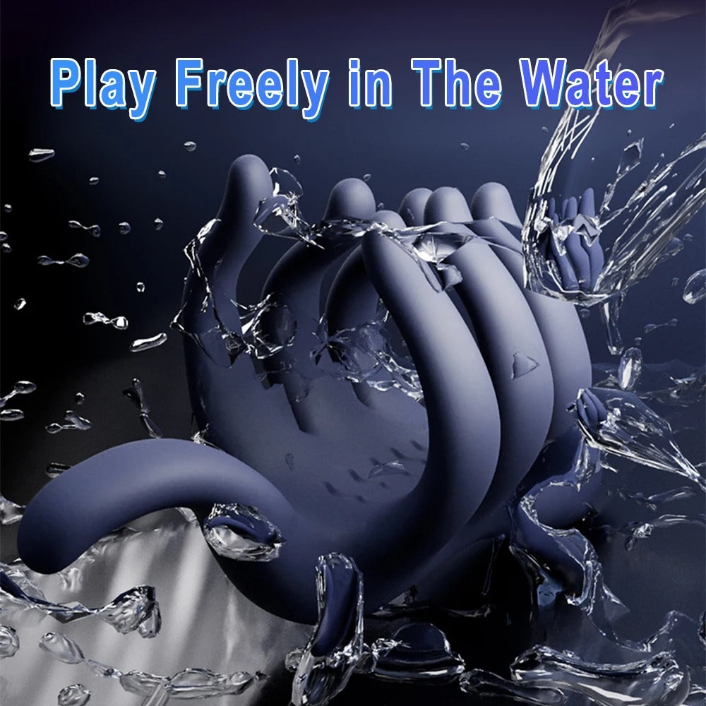 Dark navy silicone hand trainer with water splashes and visible finger grips