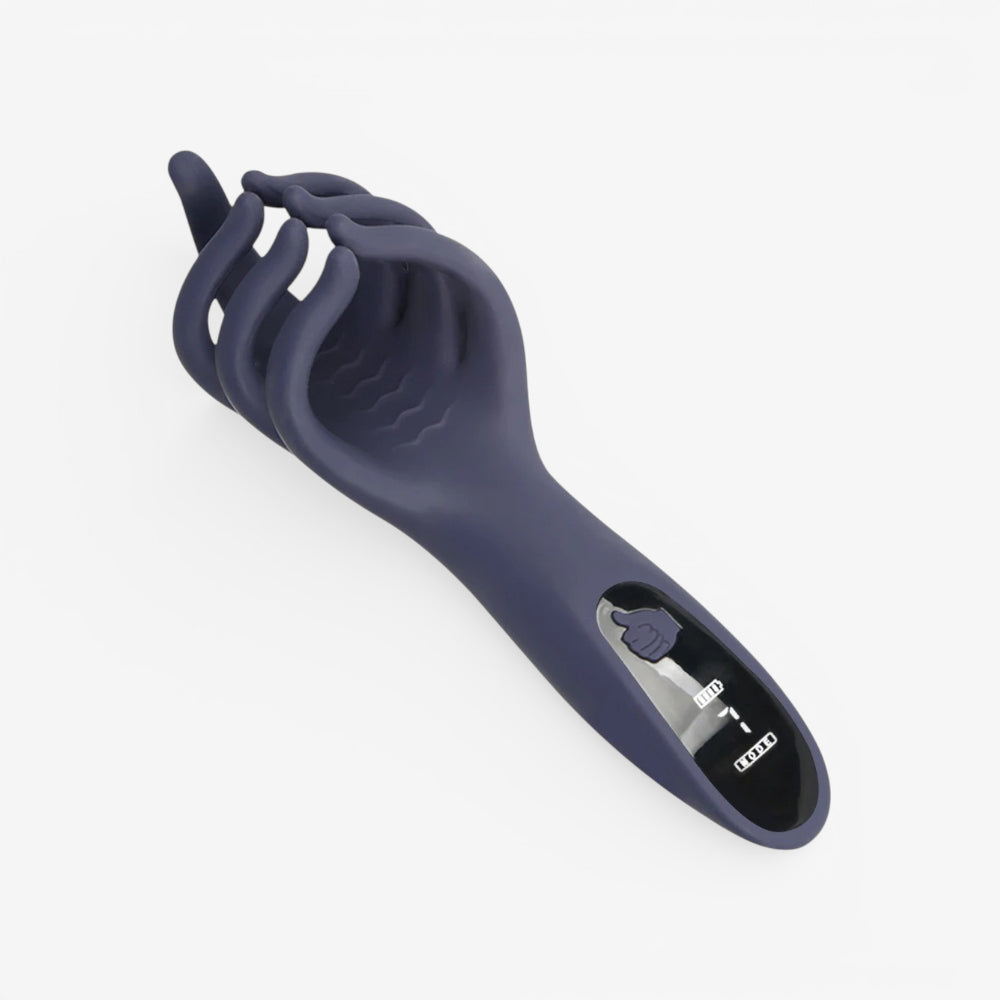 Dark navy silicone hand-shaped trainer with finger grips and oval control window