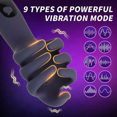 Dark navy silicone hand trainer showing palm and fingers with glowing vibration lines