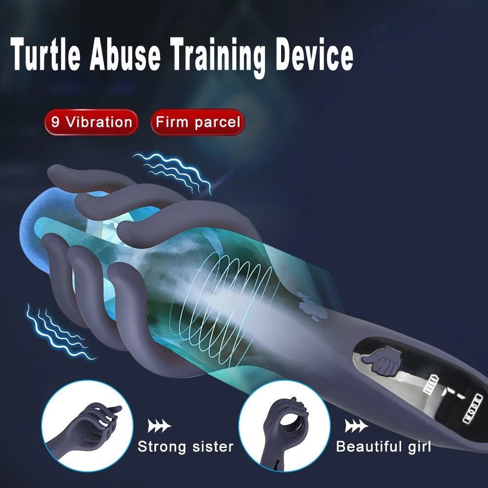 Dark navy silicone trainer with visible inner channels and vibration lines across palm