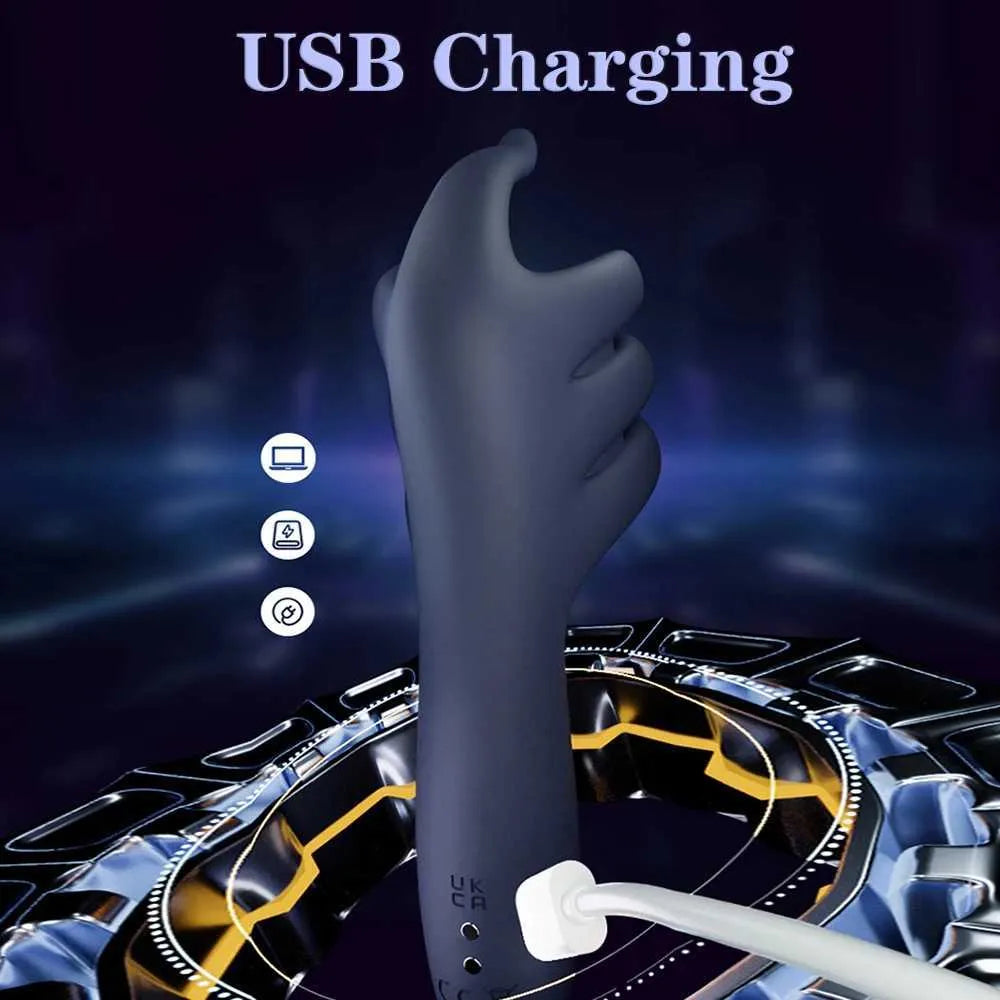 Dark navy silicone trainer hand with USB charging port near control base