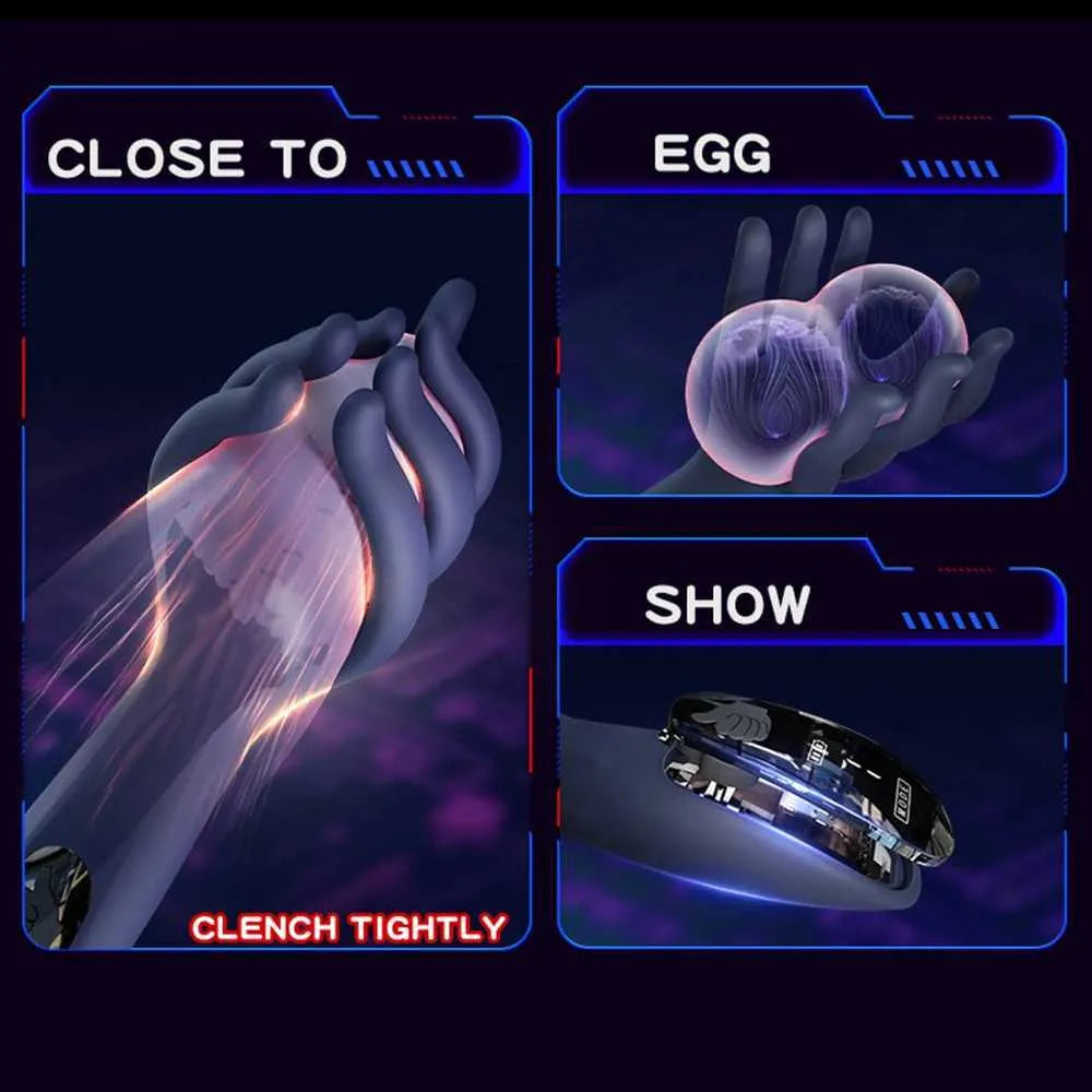 Dark navy silicone trainer hand with glowing on-screen style interface graphics