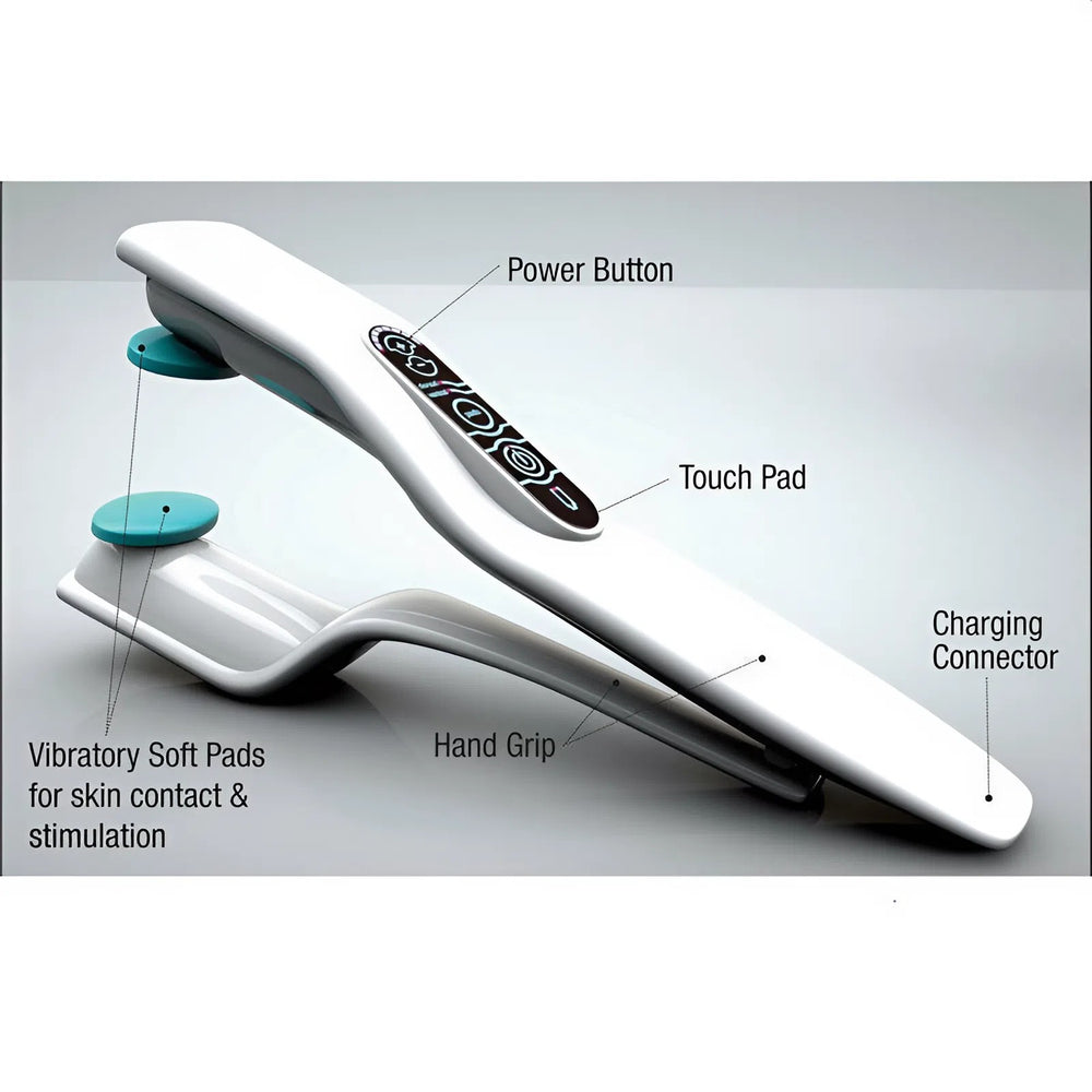 White reflex stimulator with dark touch panel, blue pads, and power button