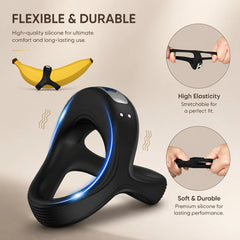 Black silicone ring massager with flexible open band and curved handle