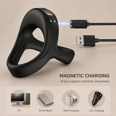 Black silicone ring massager with charging cable connected to a USB adapter