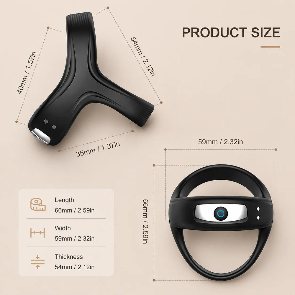 Black silicone ring massager with dimensions shown; rounded control pod and handle