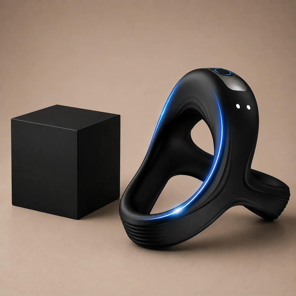 Black silicone ring massager with blue light stripe and textured grip base