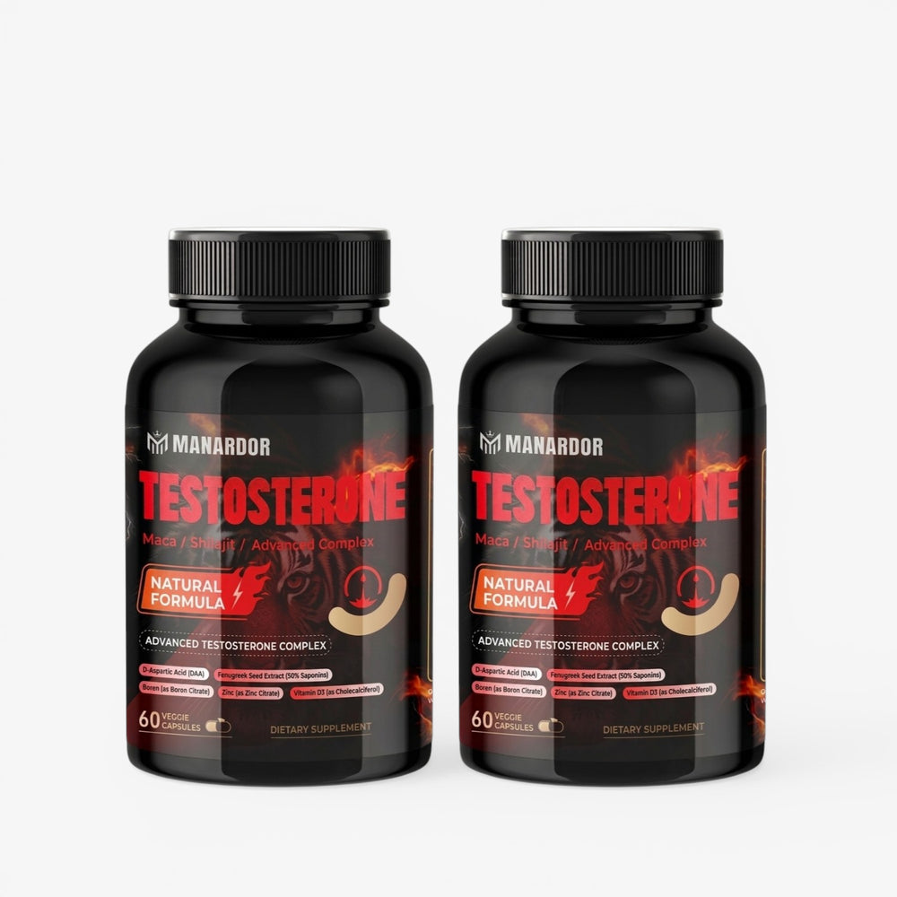 Two testosterone support supplement bottles with black caps and red 'TESTOSTERONE' labels