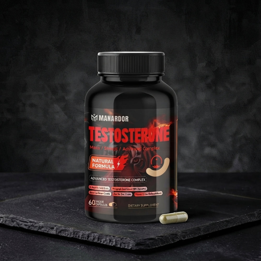 Testosterone support dietary supplement bottle with dark cap and label, 60 capsules
