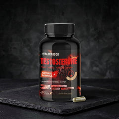 Testosterone support dietary supplement bottle with dark cap and label, 60 capsules