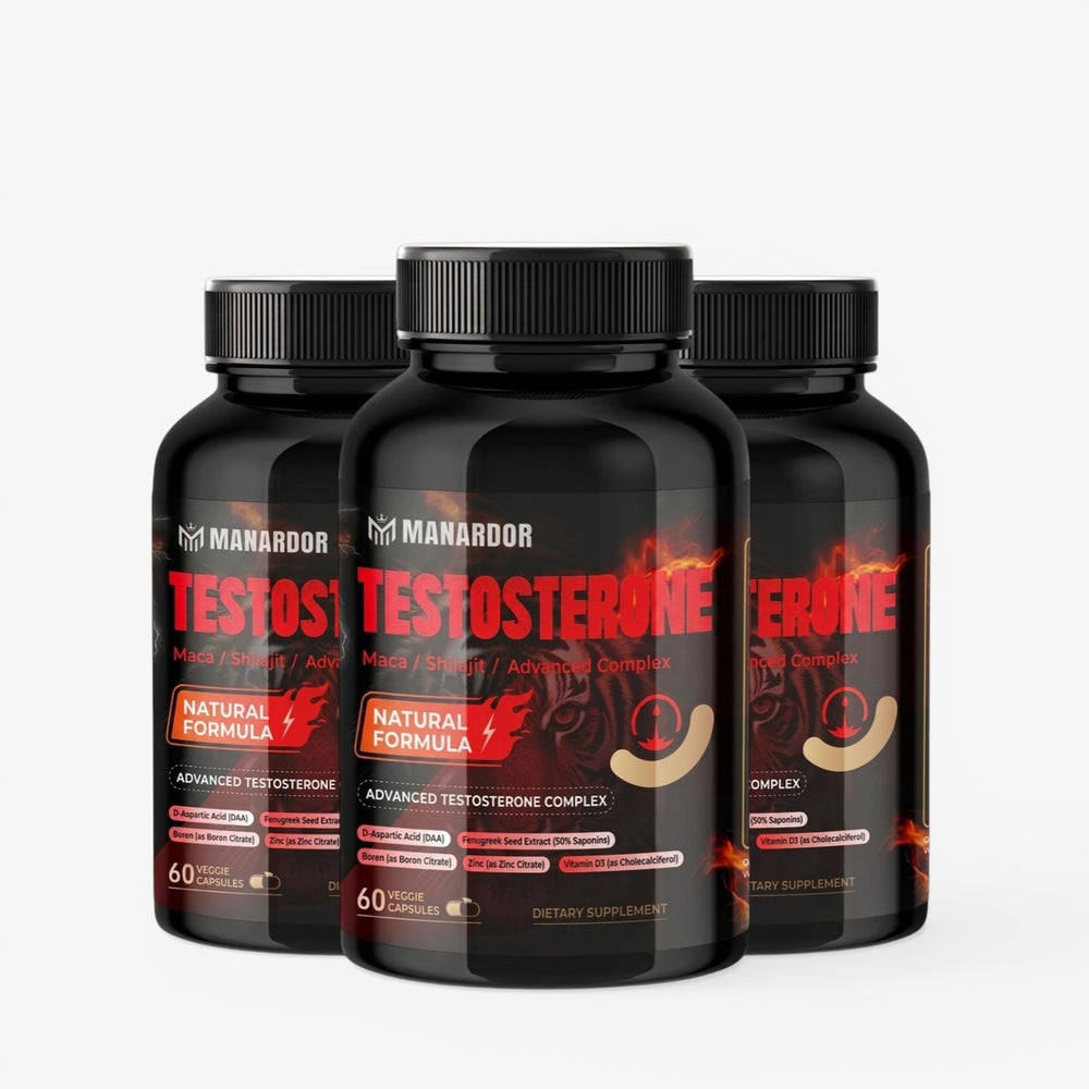 Testosterone support dietary supplement bottles, black caps, 3-pack