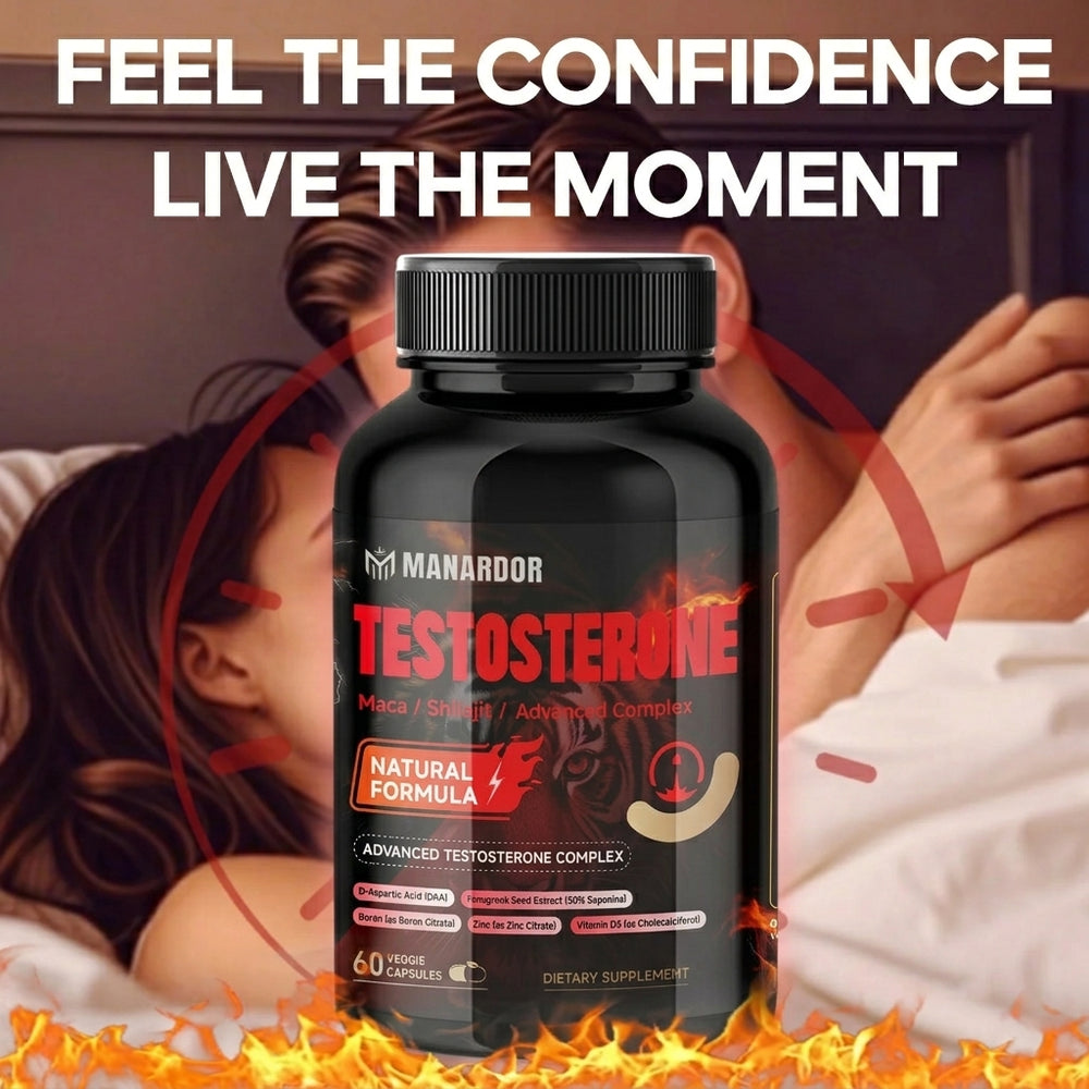 Testosterone support supplement bottle with black cap and red 'TESTOSTERONE' label