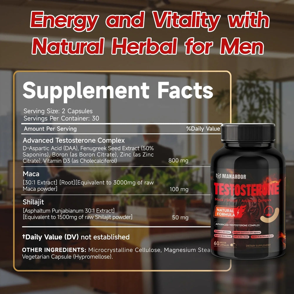 Testosterone support supplement bottle next to Supplement Facts information panel
