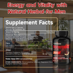 Testosterone support supplement bottle next to Supplement Facts information panel