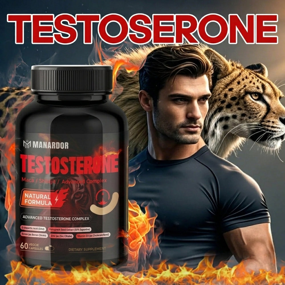 Testosterone support supplement bottle with black cap and red 'TESTOSTERONE' label
