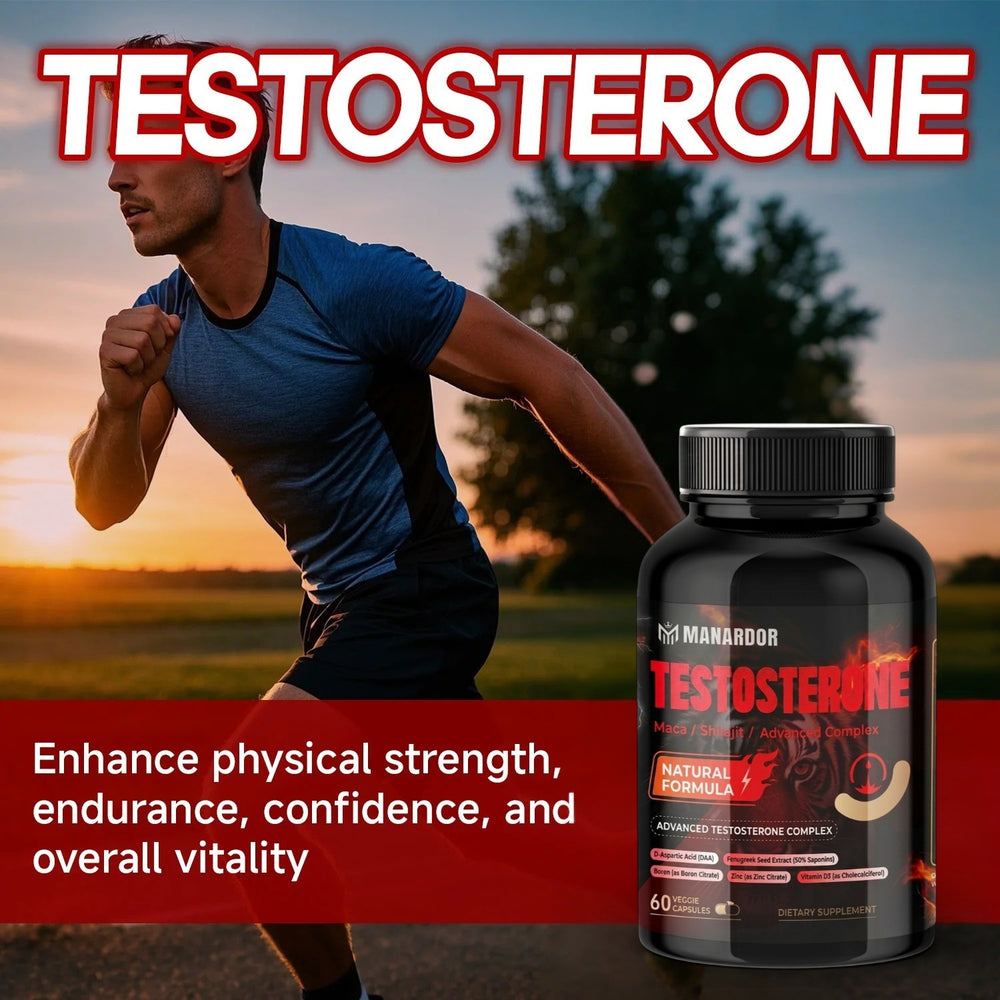 Testosterone support supplement bottle with black cap and red 'TESTOSTERONE' label
