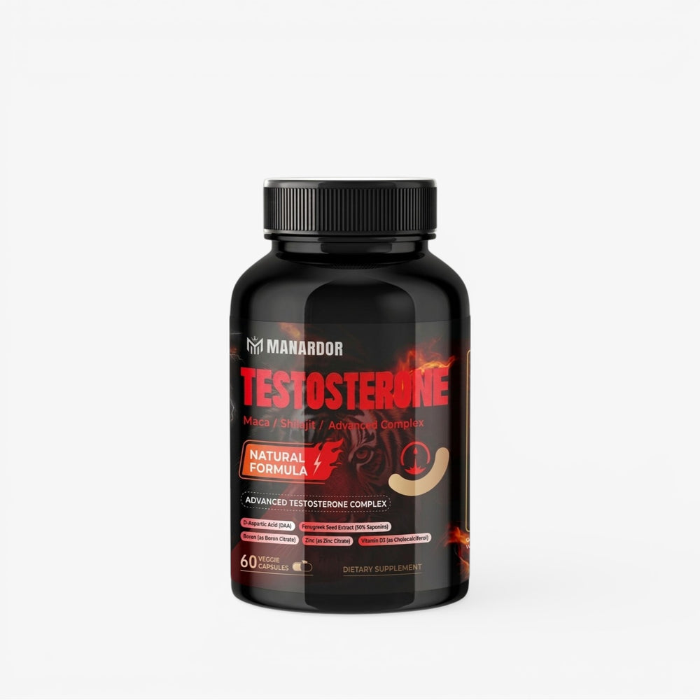 Testosterone support supplement bottle with black cap and red 'TESTOSTERONE' label