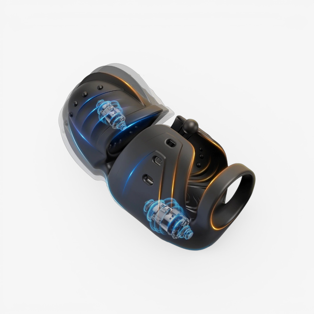 Black vibration trainer with dual rotating grip rollers and blue light accents