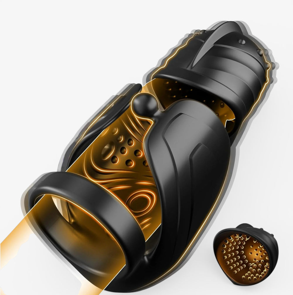 Black vibration trainer with gold accent grill pad and detachable textured head