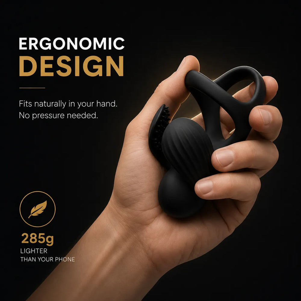Black ergonomic U-shaped massager in hand with blue indicator light, 285g