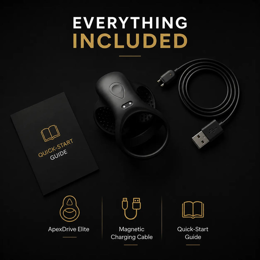 Black shockwave device with USB charging cable and quick-start guide