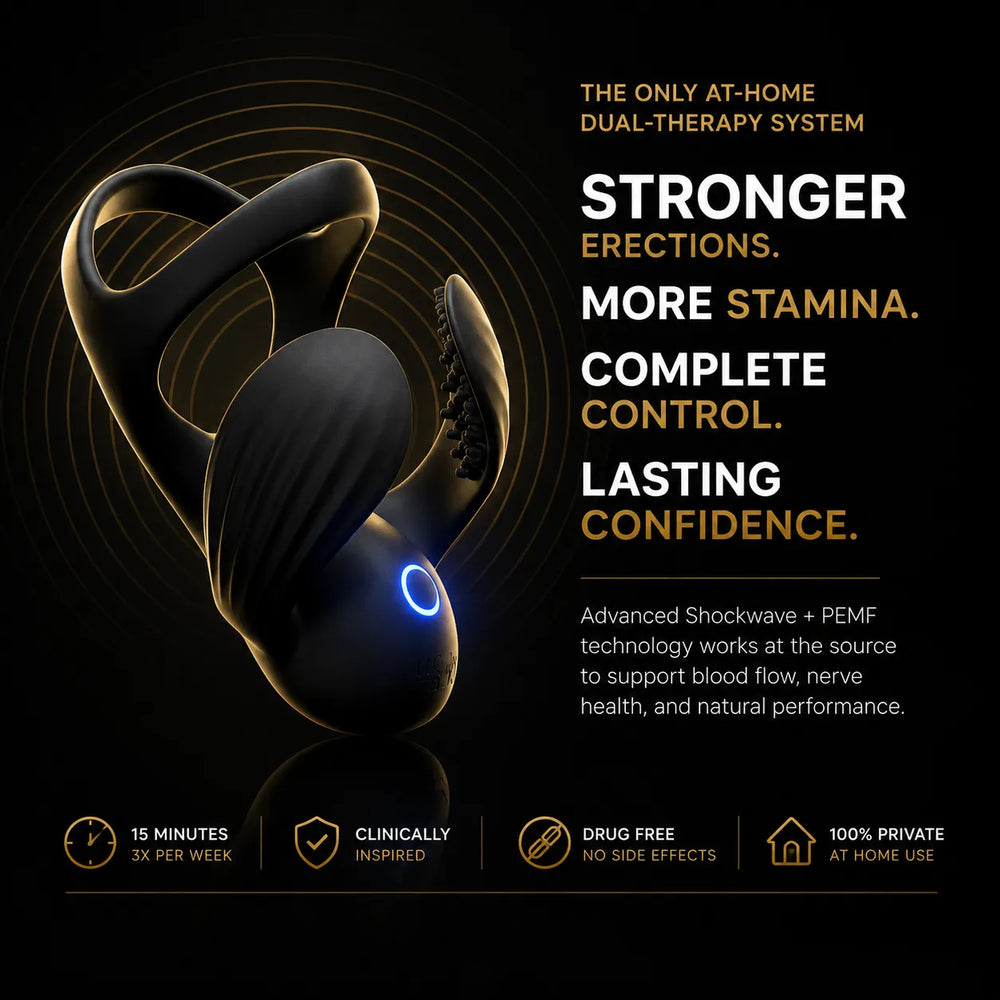Black U-shaped massager with blue indicator light, shown from side with loop handle